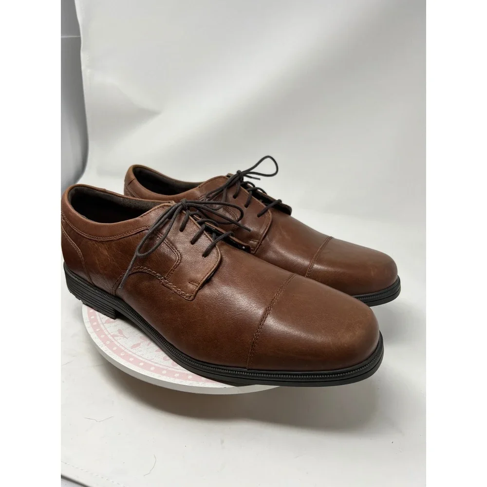 ROCKPORT Men's Shoes 10 Brown Leather Cap Toe Oxford truTECH Slip Resistant Lace